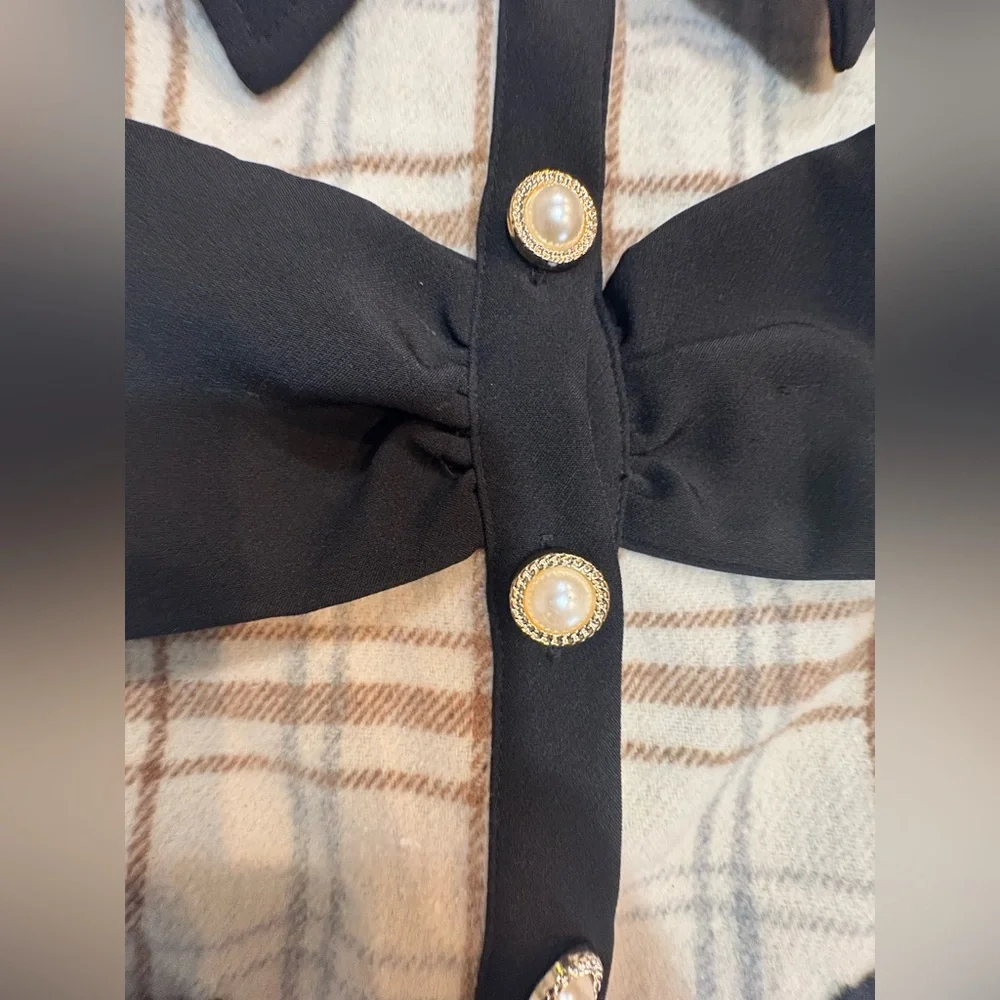 (B3) SHEIN Girls Cream Black Plaid Bow Statement Jacket Top 8Y - Picture 5 of 10